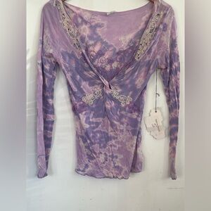 Vintage Y2K,Purple Tie-Dye Long Sleeve Women's Top with Embellished V-Neck